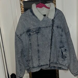 Forever 21 Blue Denim Jacket with White Sherpa Collar